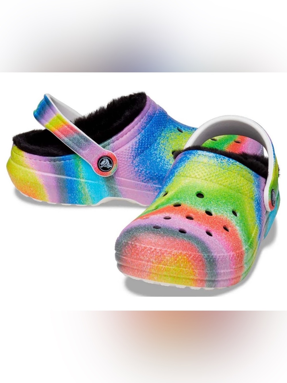 Crocs Classic Lined Tie-Dye Clogs Rainbow Fuzzy Clogs Comfortable Unisex W 9 M 7